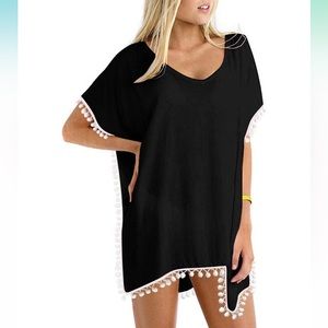 Women's Chiffon Pom Pom Kaftan Beach Swimsuit Cover Up for Swimwear Bathing Suit